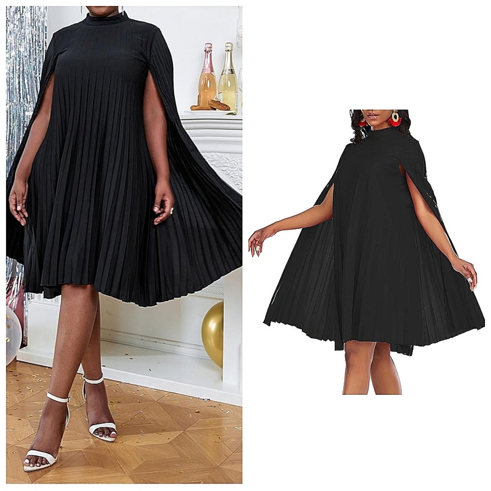 Women's Stand Collar Pleated Cape Sleeve Loose Knee Length Dress